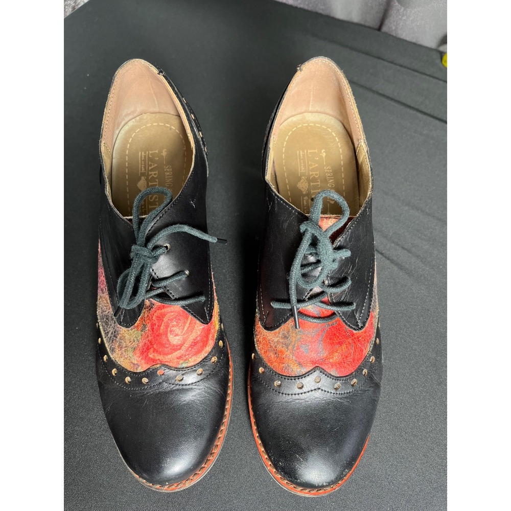 L'Artiste Spring Step Bardot EU 40 Leather Floral Oxford Heels Black Red
